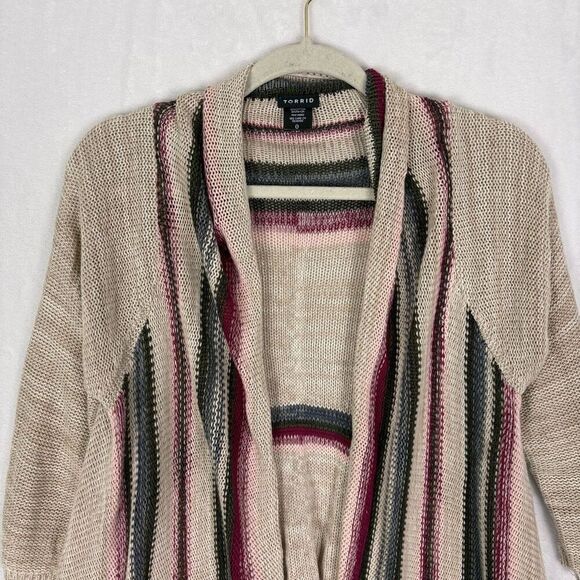 Torrid Tan with Grey & Maroon Striped Drape Cardigan Sweater Size Large - Picture 2 of 10